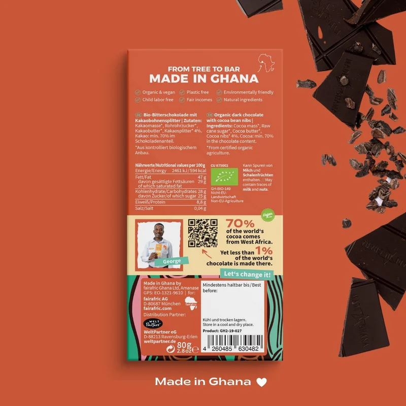 Cocoa Nibs Schokolade Fairafric 70% Kakaoanteil