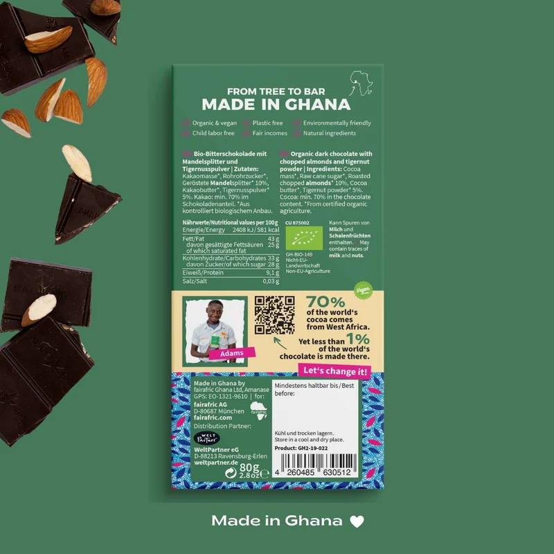 Tigernut & Almond Schokolade Fairafric 70% Kakaoanteil