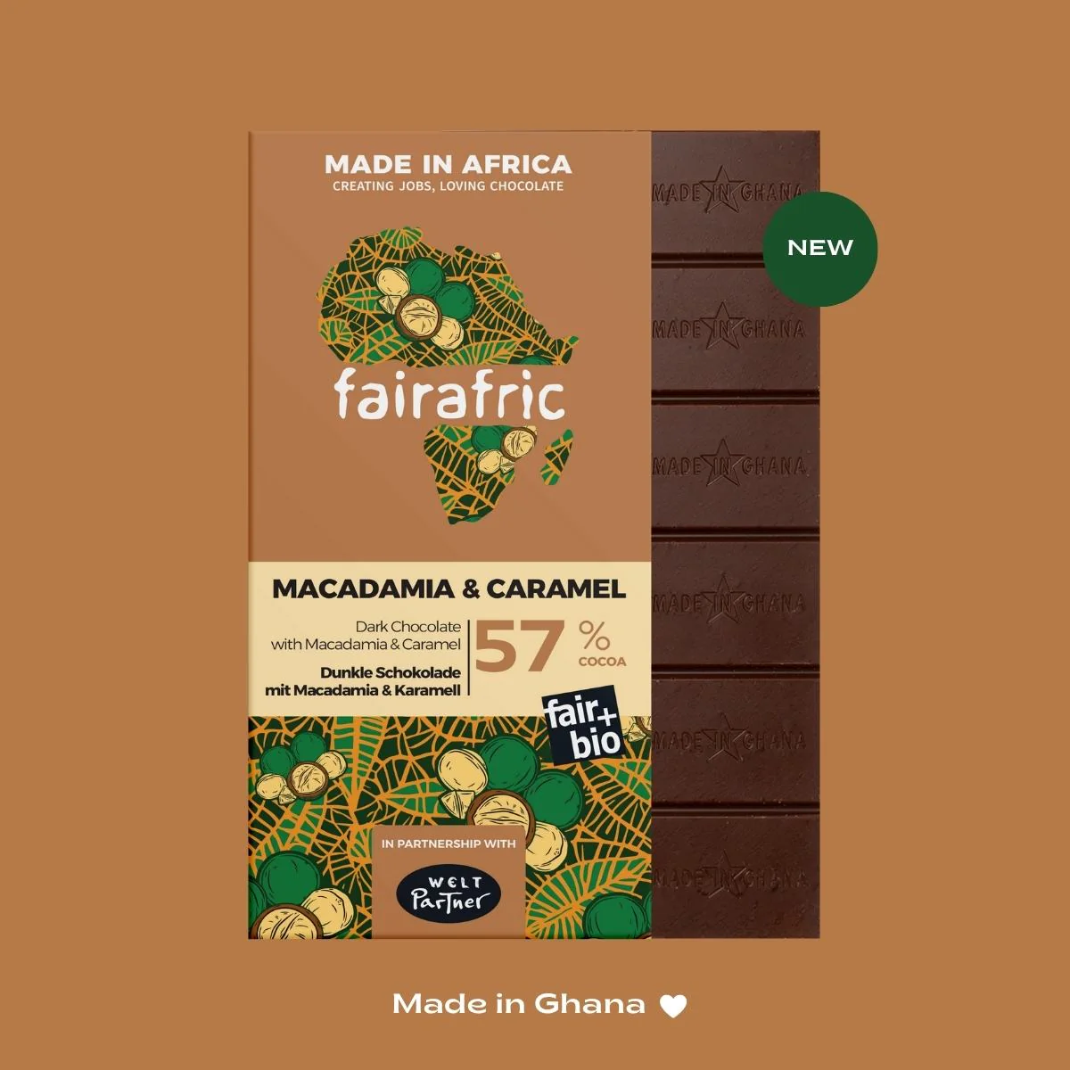 Macadamia & Caramel Schokolade Fairafric 57% Kakaoanteil